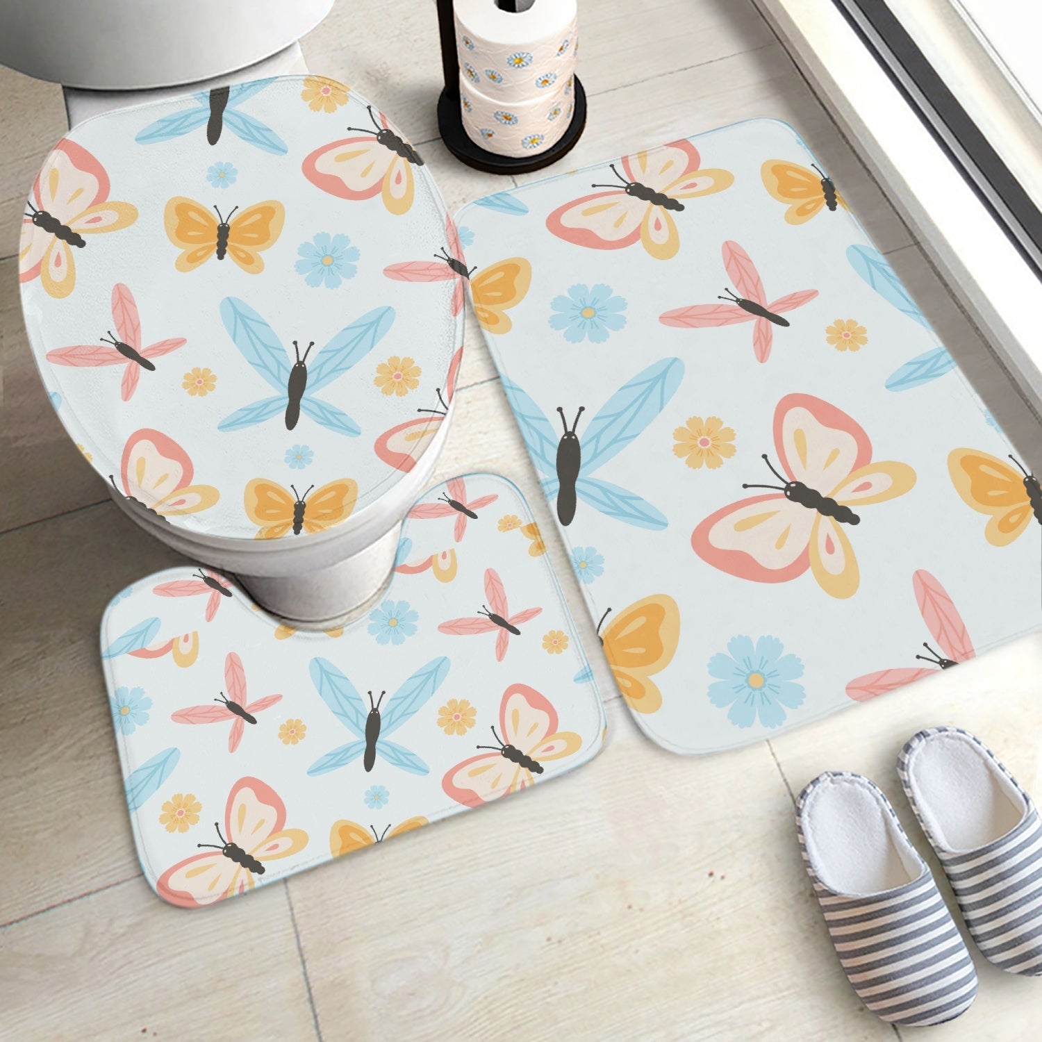 3 piece bath mat set with butterflies