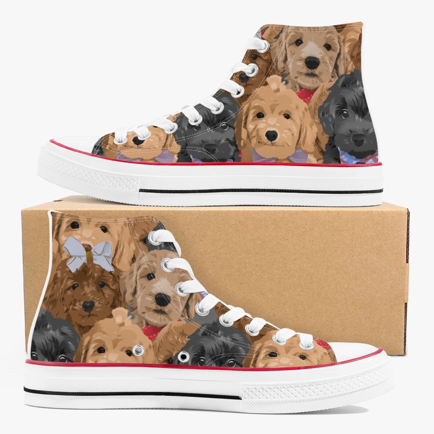 hi top sneaker display with puppies