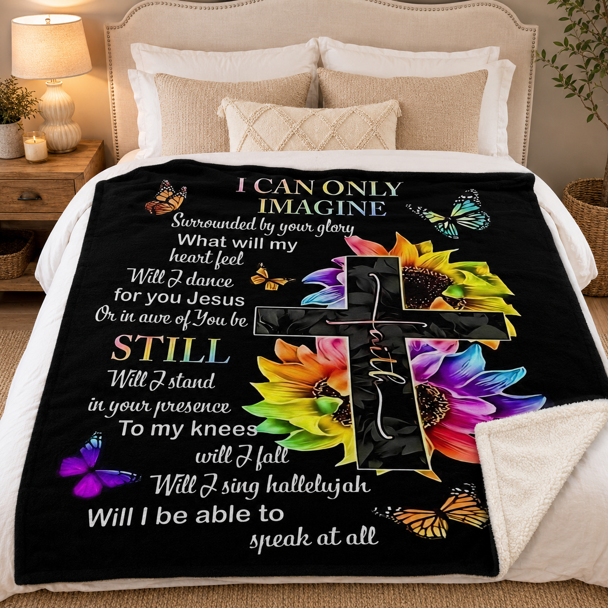 A black blanket with a religious prayer, a large cross, colorful sunflowers, and butterflies, shown on a bed in a bedroom setting.