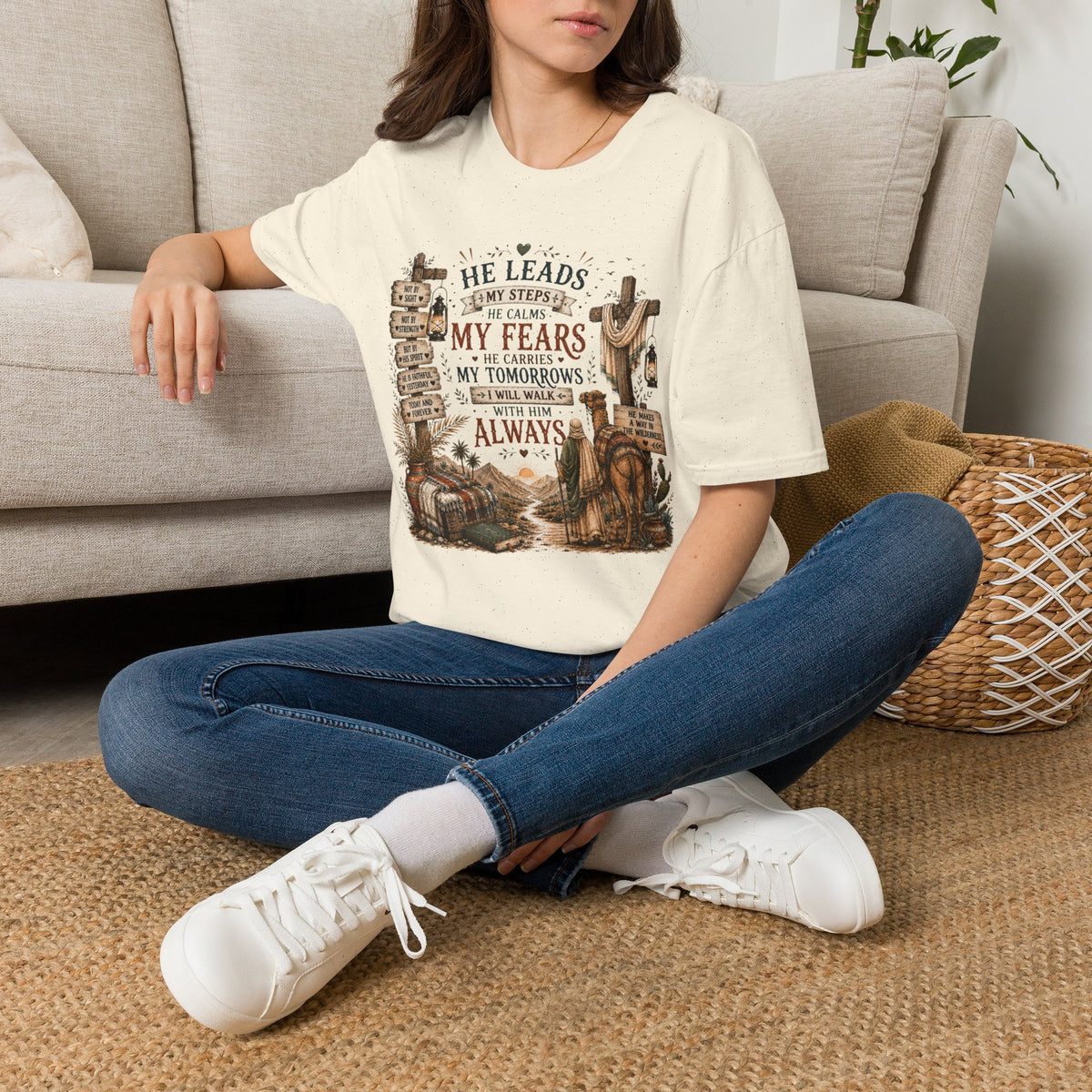 He Leads Me Inspirational Christian T-Shirt