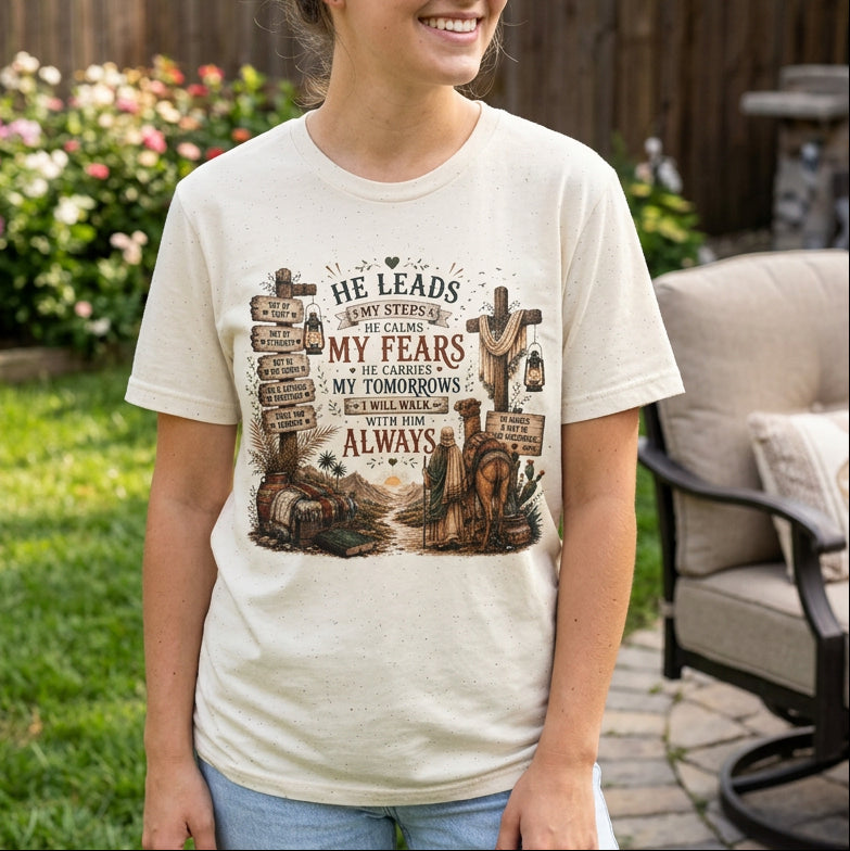 He Leads Me Inspirational Christian T-Shirt