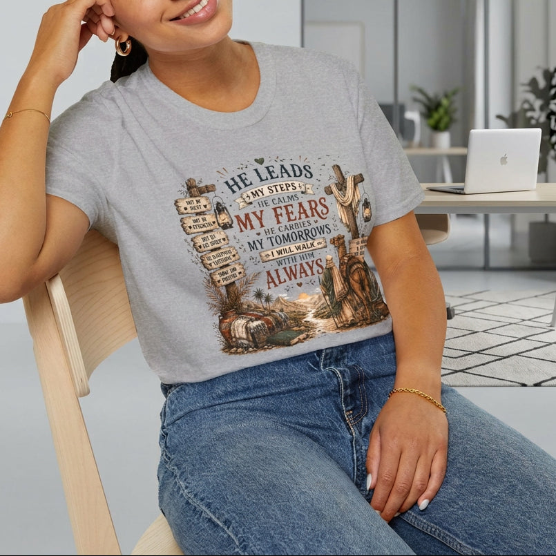 He Leads Me Inspirational Christian T-Shirt