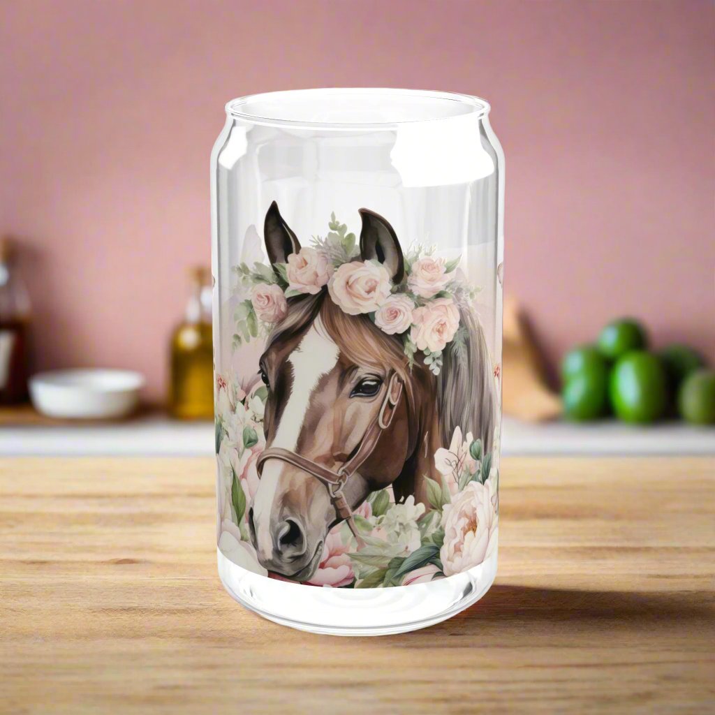 Pink Floral Horse lovers Sipper Glass, 16oz - Kim’s Signature Beauty & Accessories    (Store description)