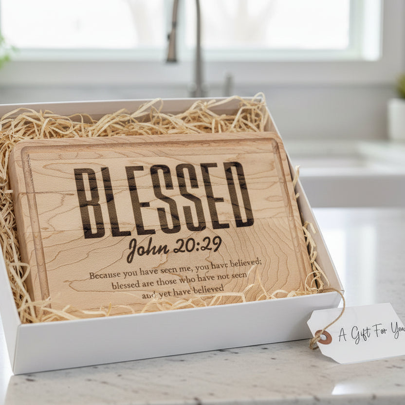 Wooden plaque with 'Blessed' text and Bible verse on a white background