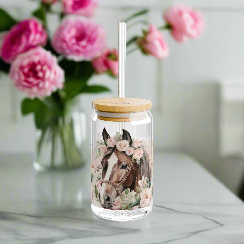 Pink Floral Horse lovers Sipper Glass, 16oz - Kim’s Signature Beauty & Accessories    (Store description)