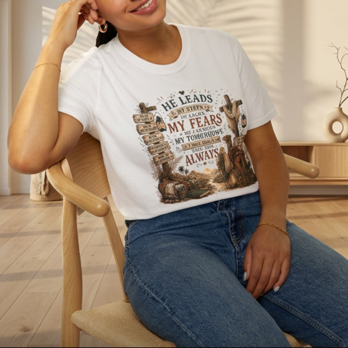 He Leads Me Inspirational Christian T-Shirt
