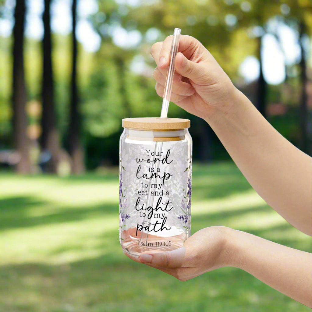 Psalm 119:105 Inspirational Sipper Glass with Floral Design - Kim’s Signature Beauty & Accessories    (Store description)