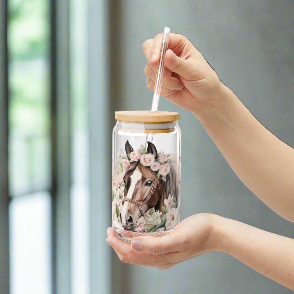 Pink Floral Horse lovers Sipper Glass, 16oz - Kim’s Signature Beauty & Accessories    (Store description)