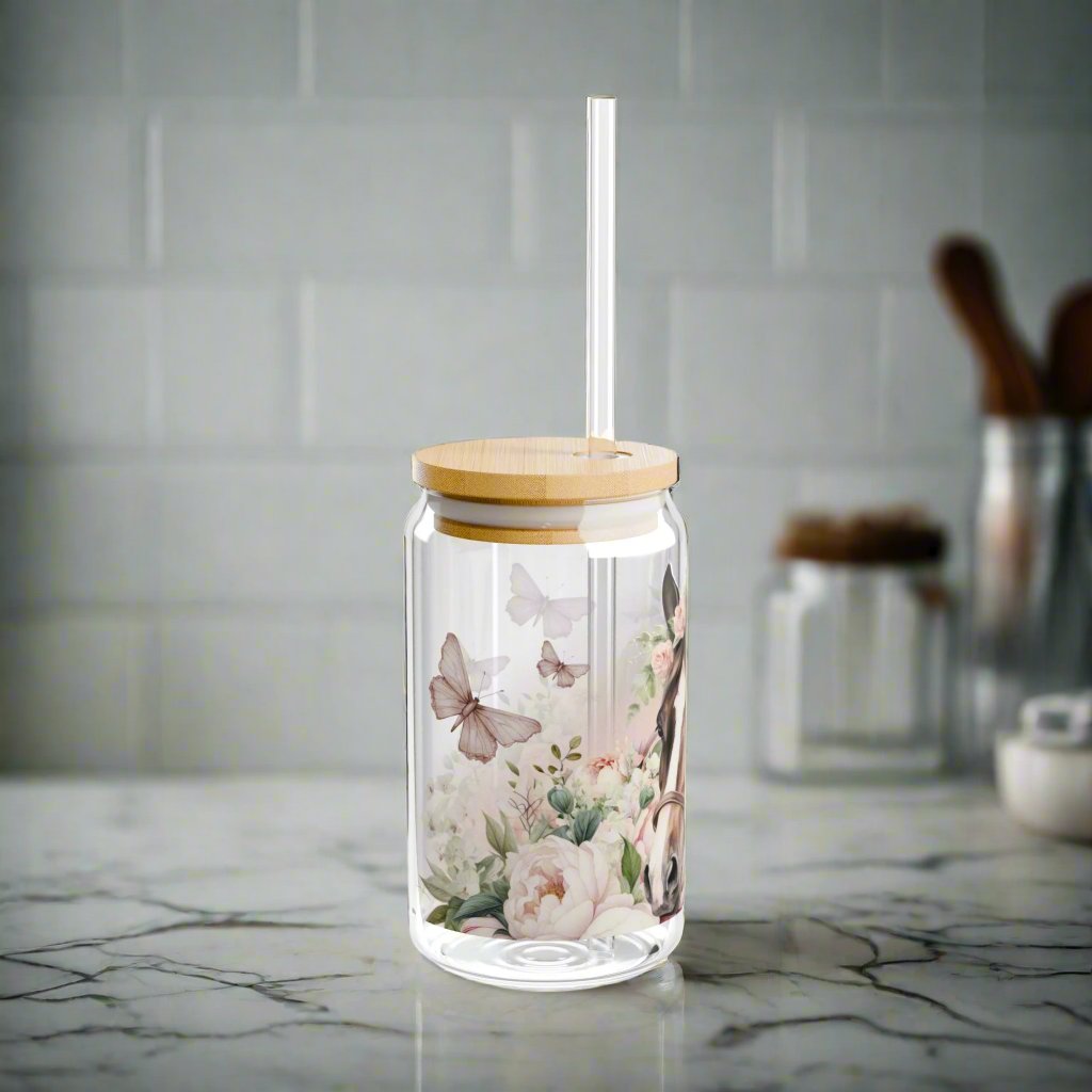 Pink Floral Horse lovers Sipper Glass, 16oz - Kim’s Signature Beauty & Accessories    (Store description)