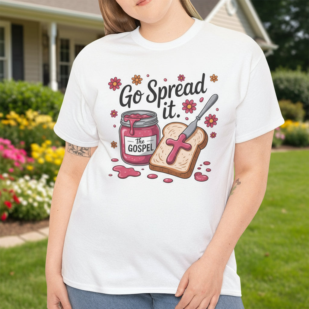 White t-shirt with a graphic design of a jar of jelly, a cross on toast, and text 'Go Spread it. The Gospel'.