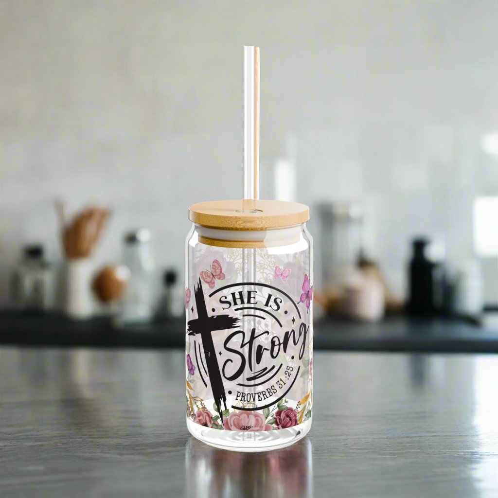 She Is Strong Glass Sipper - Kim’s Signature Beauty & Accessories    (Store description)