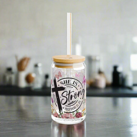 She Is Strong Glass Sipper - Kim’s Signature Beauty & Accessories    (Store description)