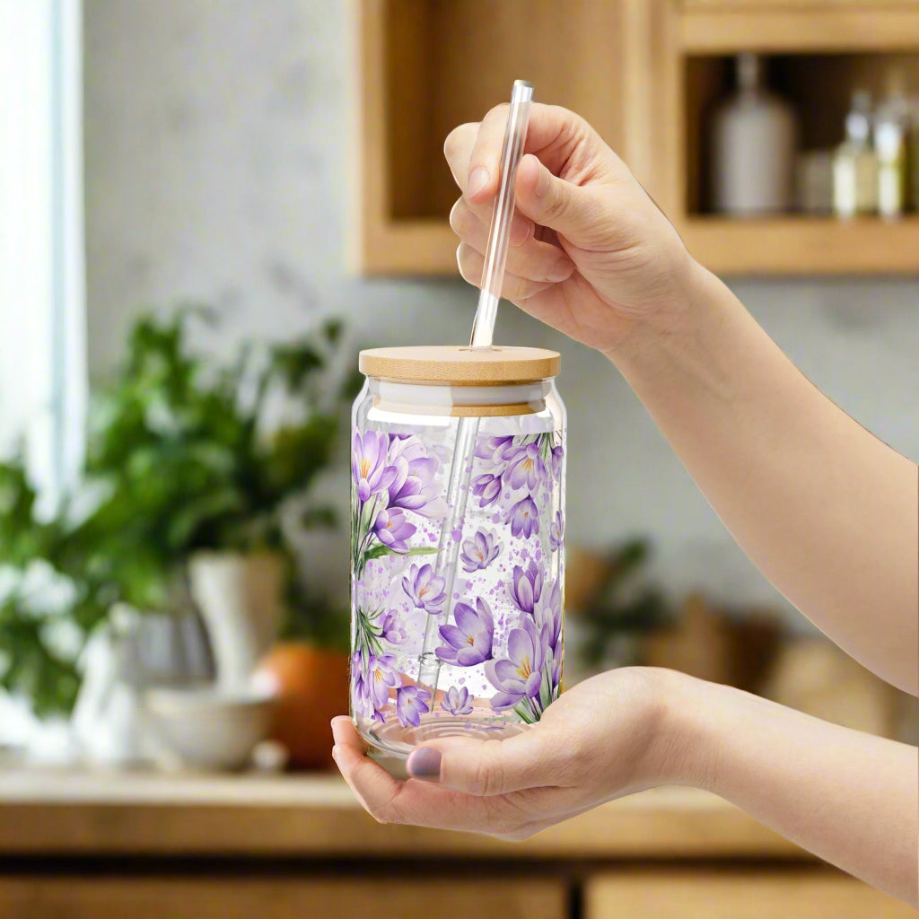 Lavender Flourishing Floral Sipper Glass, 16oz - Kim’s Signature Beauty & Accessories    (Store description)