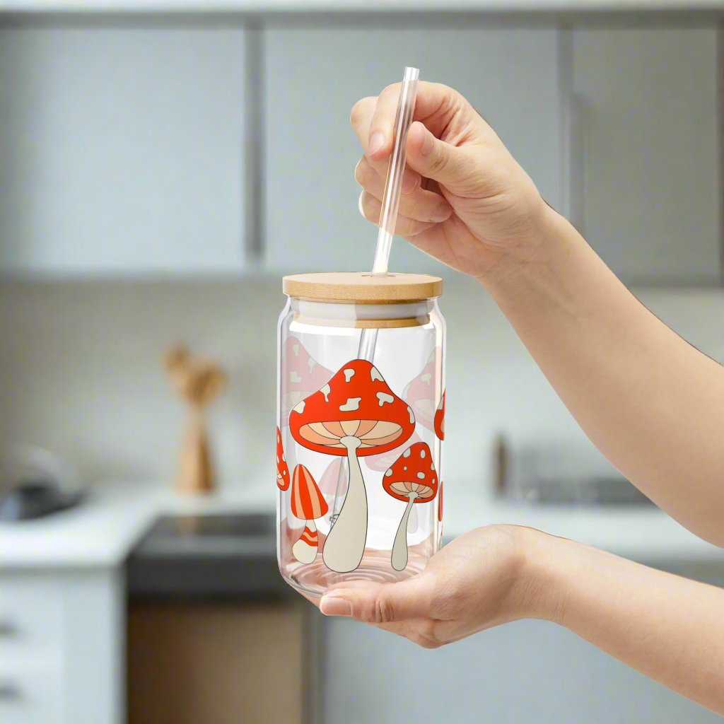 For the Love of Mushrooms Sipper Glass, 16oz - Kim’s Signature Beauty & Accessories    (Store description)