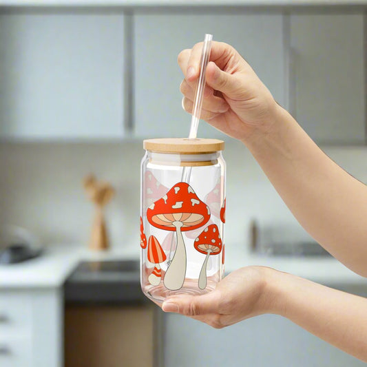For the Love of Mushrooms Sipper Glass, 16oz - Kim’s Signature Beauty & Accessories    (Store description)