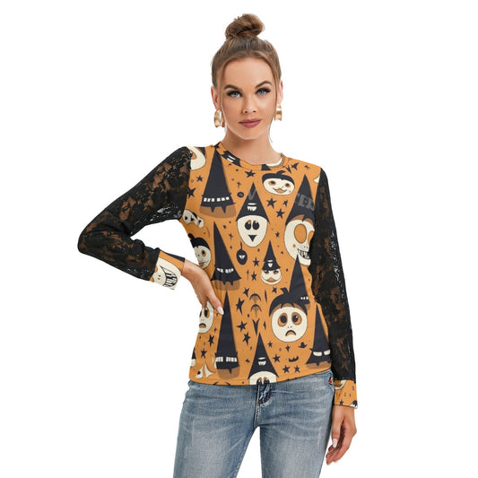 Ghostly Pumkins T-shirt  With Black Lace Sleeves - Kim’s Signature Beauty & Accessories    