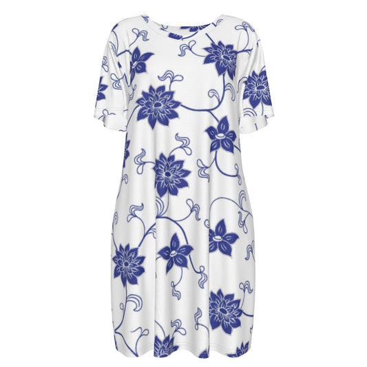 Blue Floral Short Sleeve Waist Dress - Kim’s Signature Beauty & Accessories    