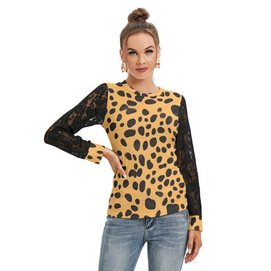 Spotted T-shirt with Black Lace Sleeves - Kim’s Signature Beauty & Accessories    