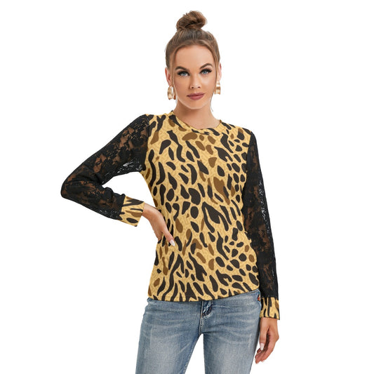 Leopard Print T-shirt with Black Lace Sleeves - Kim’s Signature Beauty & Accessories    
