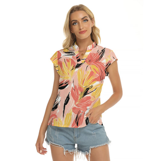 Pink Floral | V-neck Short Sleeve Blouse - Kim’s Signature Beauty & Accessories    