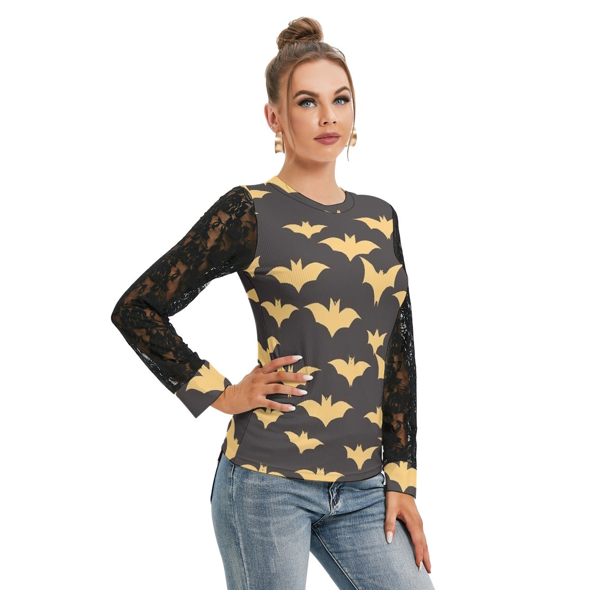 Golden Bats T-shirt with Black Lace Sleeves - Kim’s Signature Beauty & Accessories    