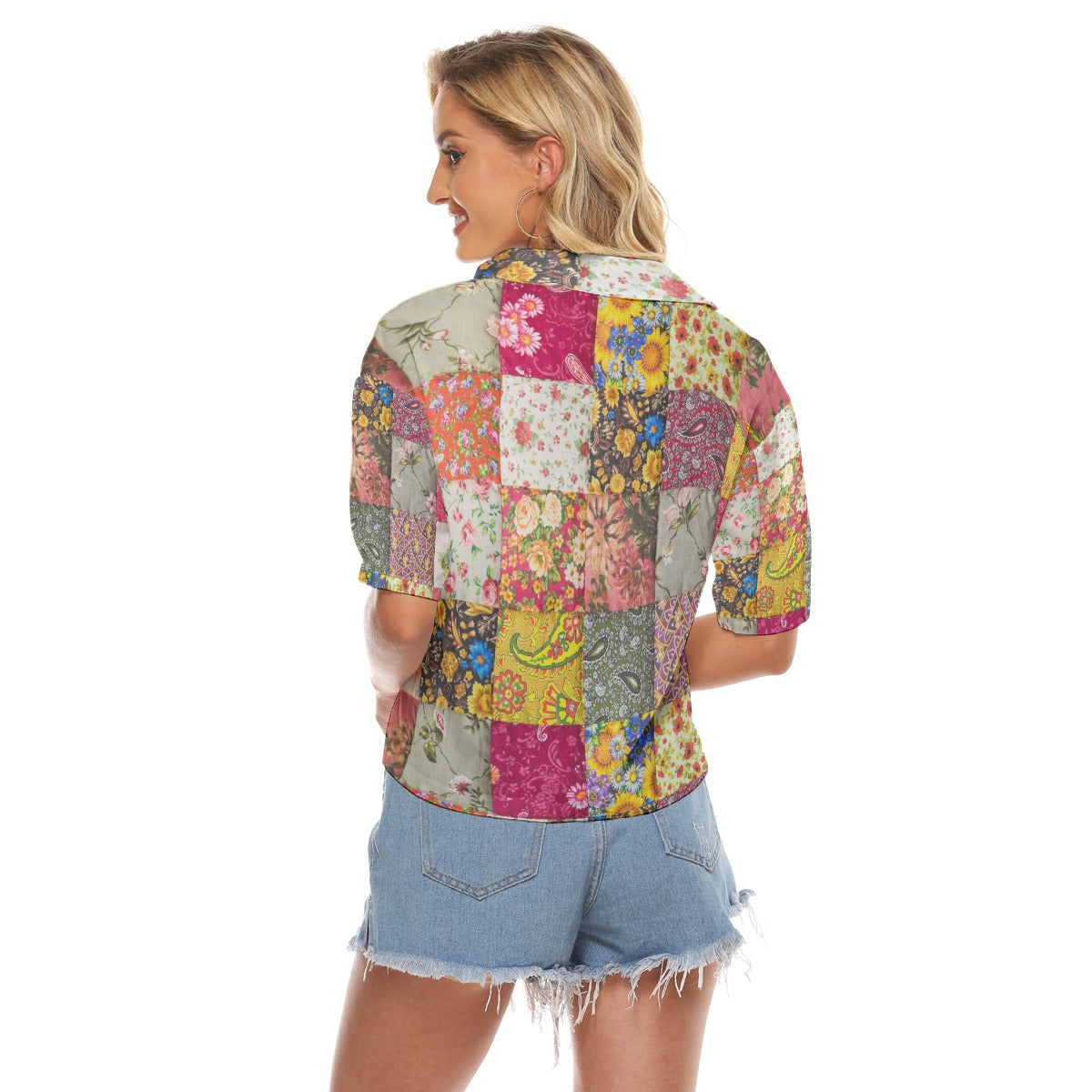 Patchwork Print Women's V-neck Shirts - Kim’s Signature Beauty & Accessories    