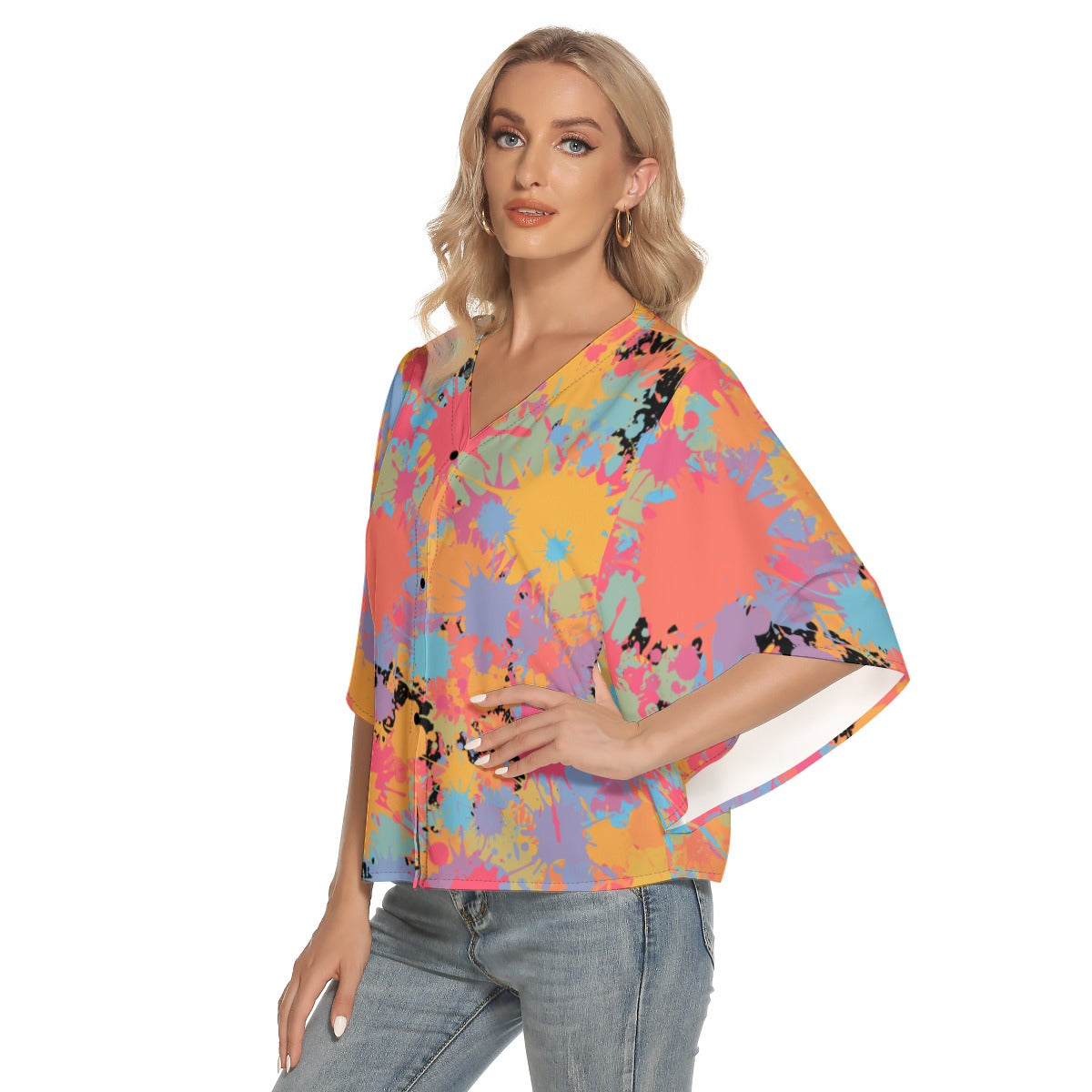 Cool Splash Bat Sleeve Light V-neck Front Buttoned Top - Kim’s Signature Beauty & Accessories    (Store description)
