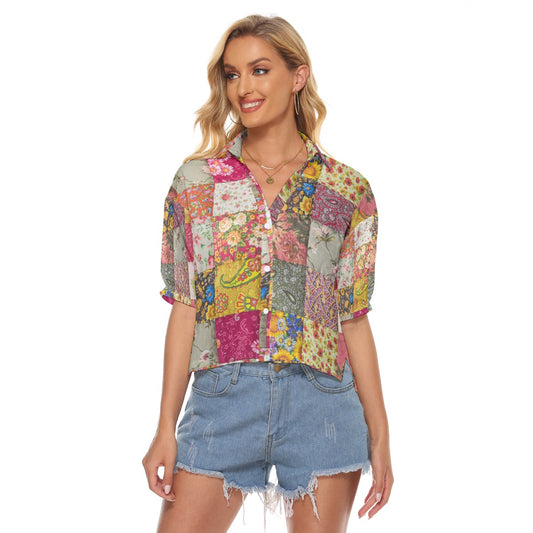Patchwork Print Women's V-neck Shirts - Kim’s Signature Beauty & Accessories    
