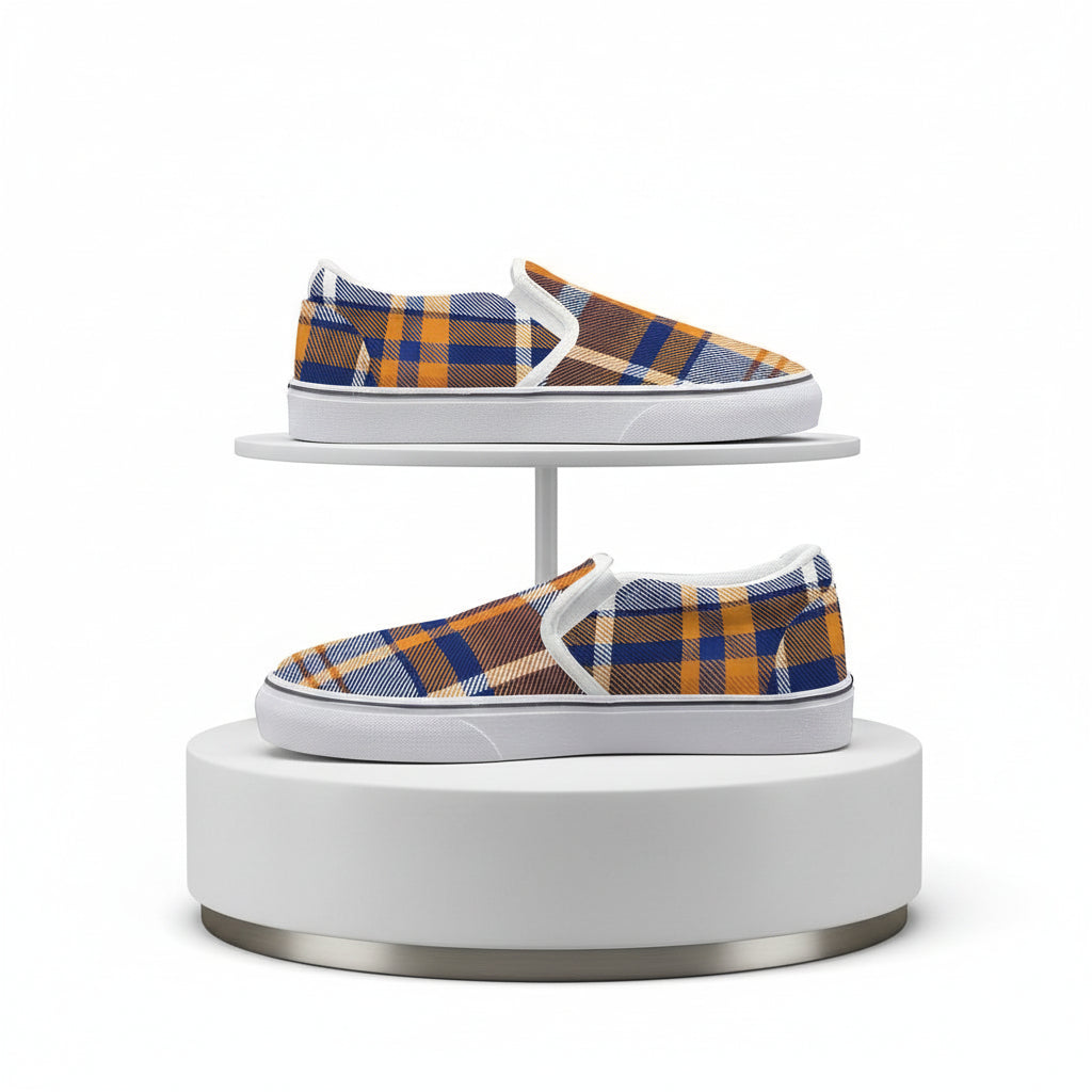 Plaid slip-on shoes with a white sole on a white background