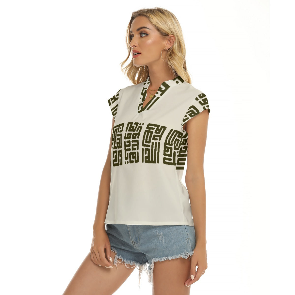 Over the edge |  V-neck Short Sleeve Blouse - Kim’s Signature Beauty & Accessories    (Store description)