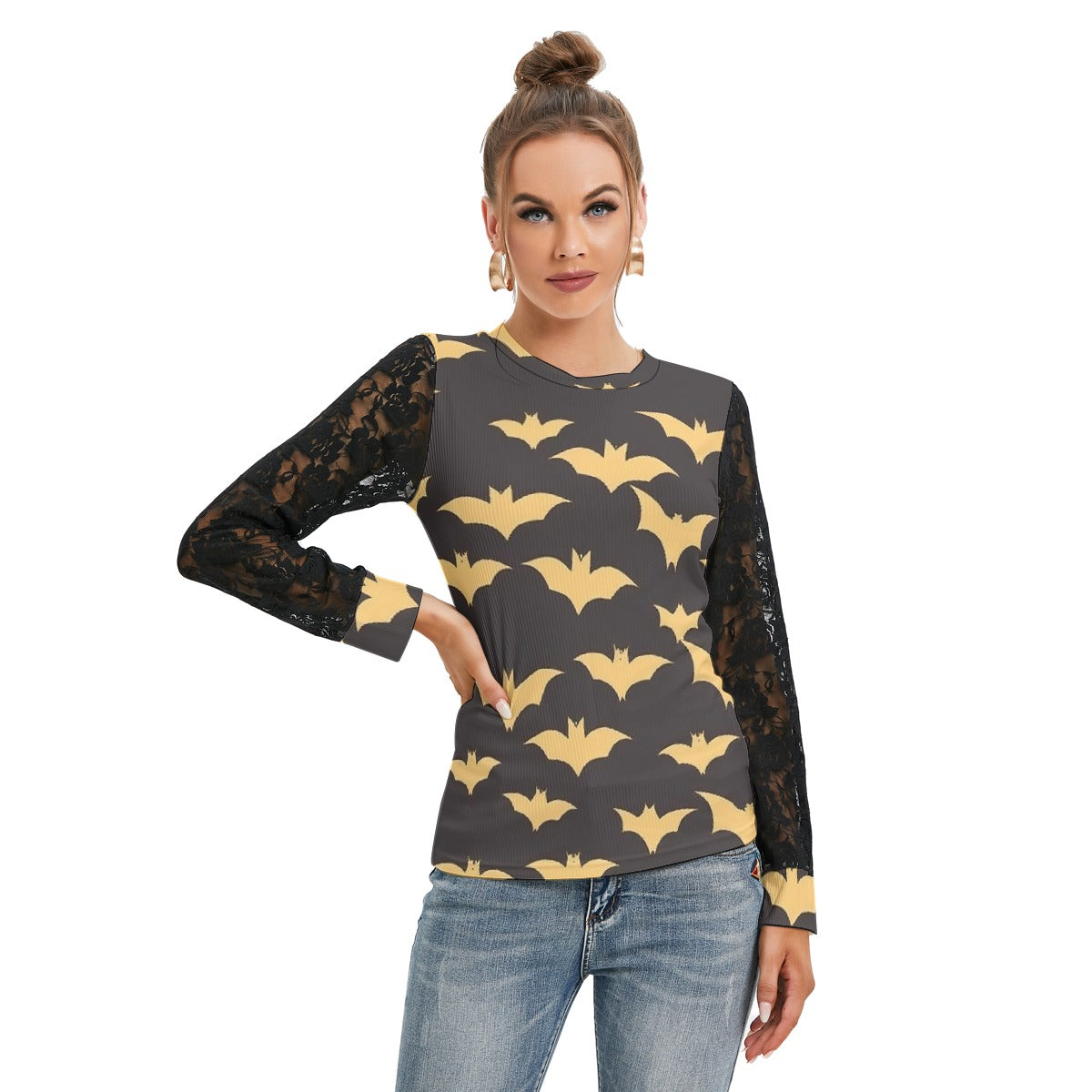 Golden Bats T-shirt with Black Lace Sleeves - Kim’s Signature Beauty & Accessories    