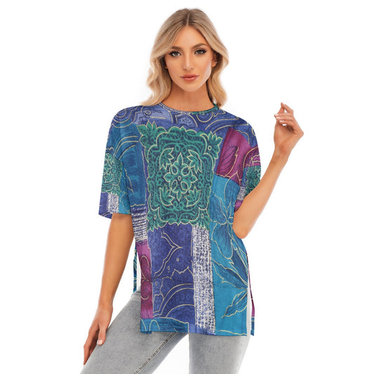 All-Over Print Women's Short Sleeves T-shirt With Hem Split - Kim’s Signature Beauty & Accessories    