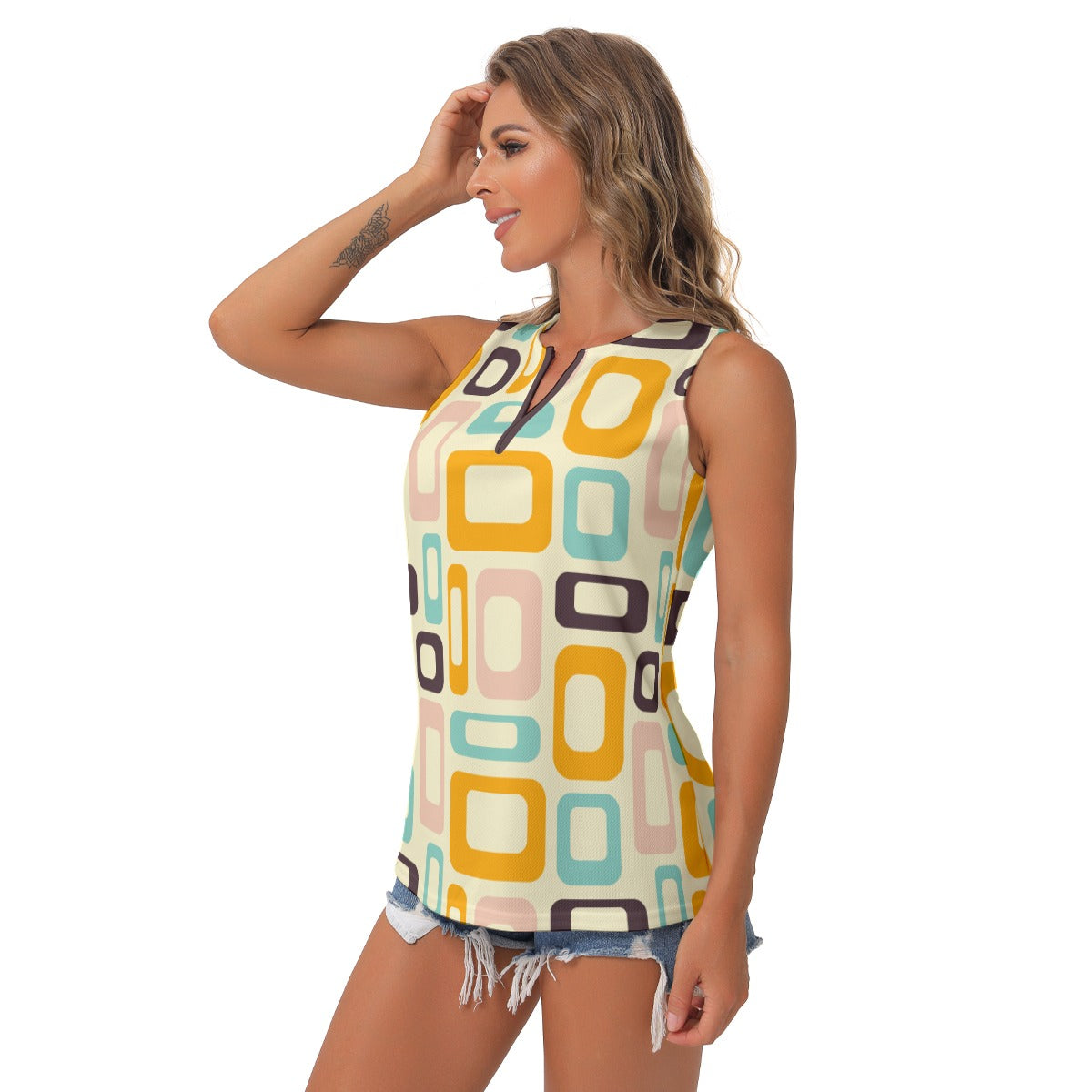Retro time | Sleeveless V-Neck Top - Kim’s Signature Beauty & Accessories    (Store description)