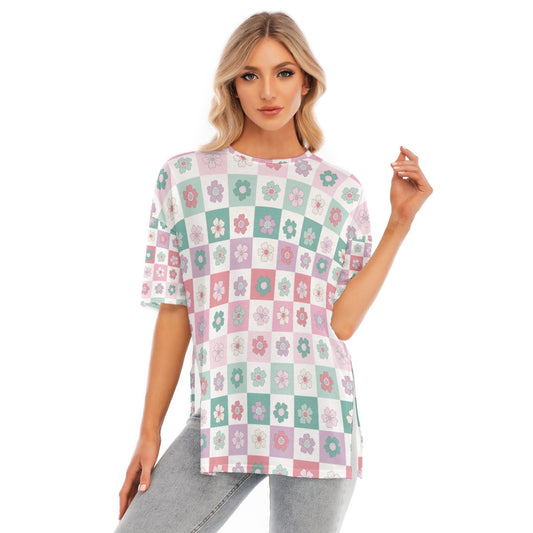 All-Over Print Women's Short Sleeves T-shirt With Hem Split - Kim’s Signature Beauty & Accessories    