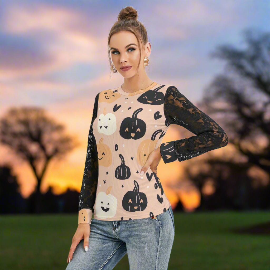 Orange Halloween T-shirt with Black Lace Sleeves - Kim’s Signature Beauty & Accessories    
