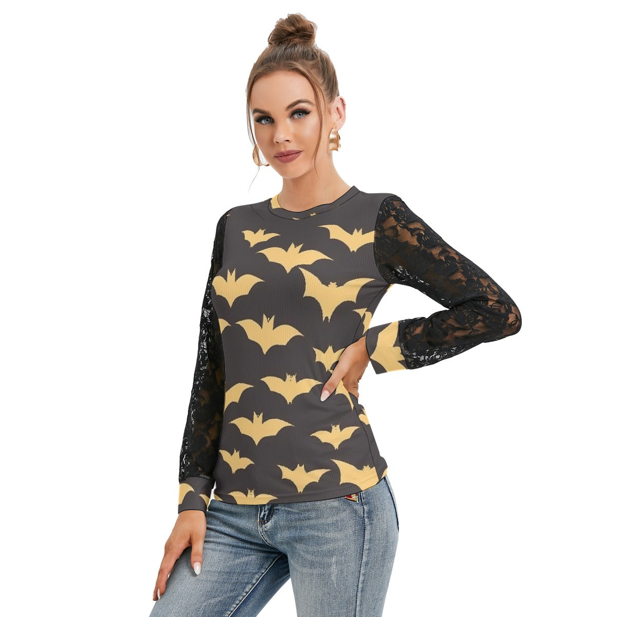 Golden Bats T-shirt with Black Lace Sleeves - Kim’s Signature Beauty & Accessories    
