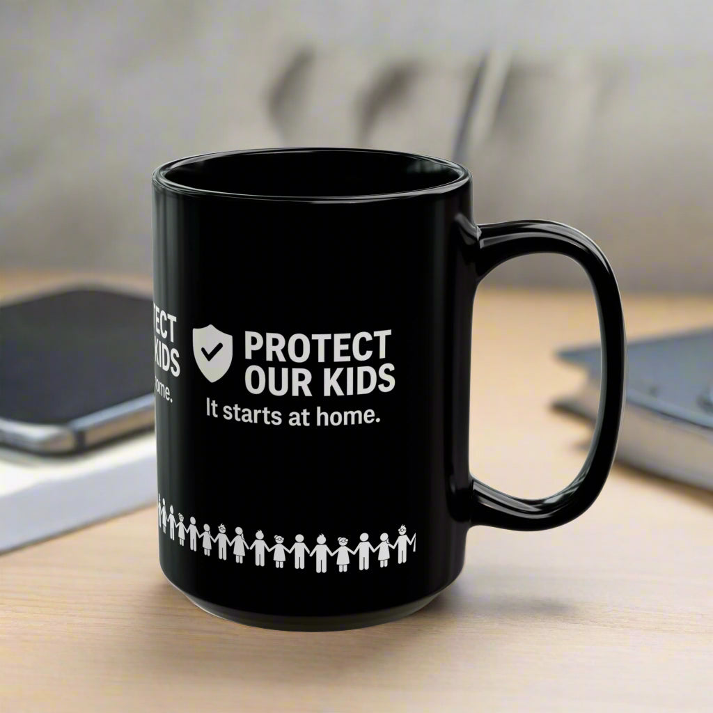 Protect Our Kids Black Mug – Child Safety Awareness Ceramic Cup
