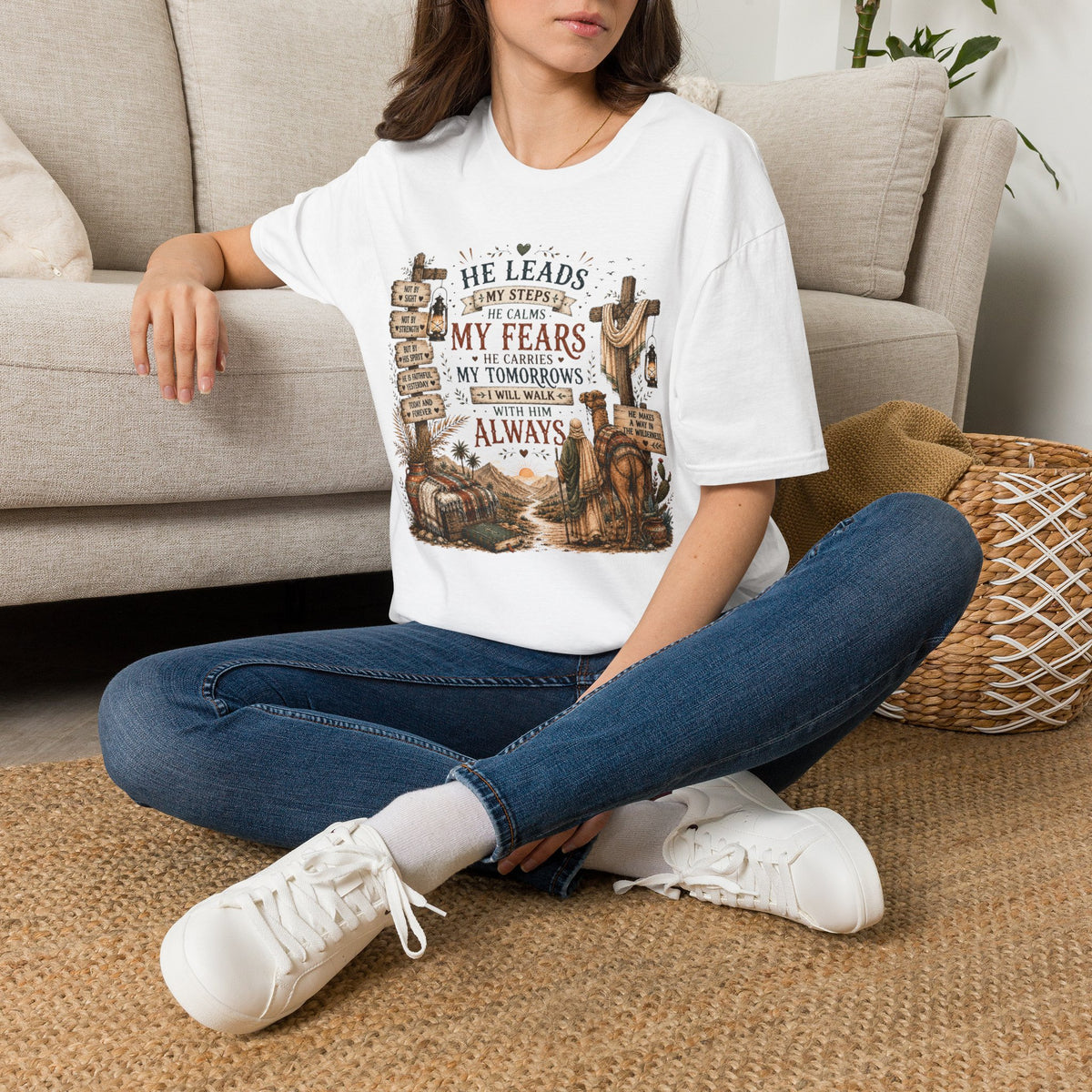He Leads Me Inspirational Christian T-Shirt