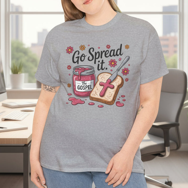 Person wearing a gray t-shirt with a graphic design and text on a white background