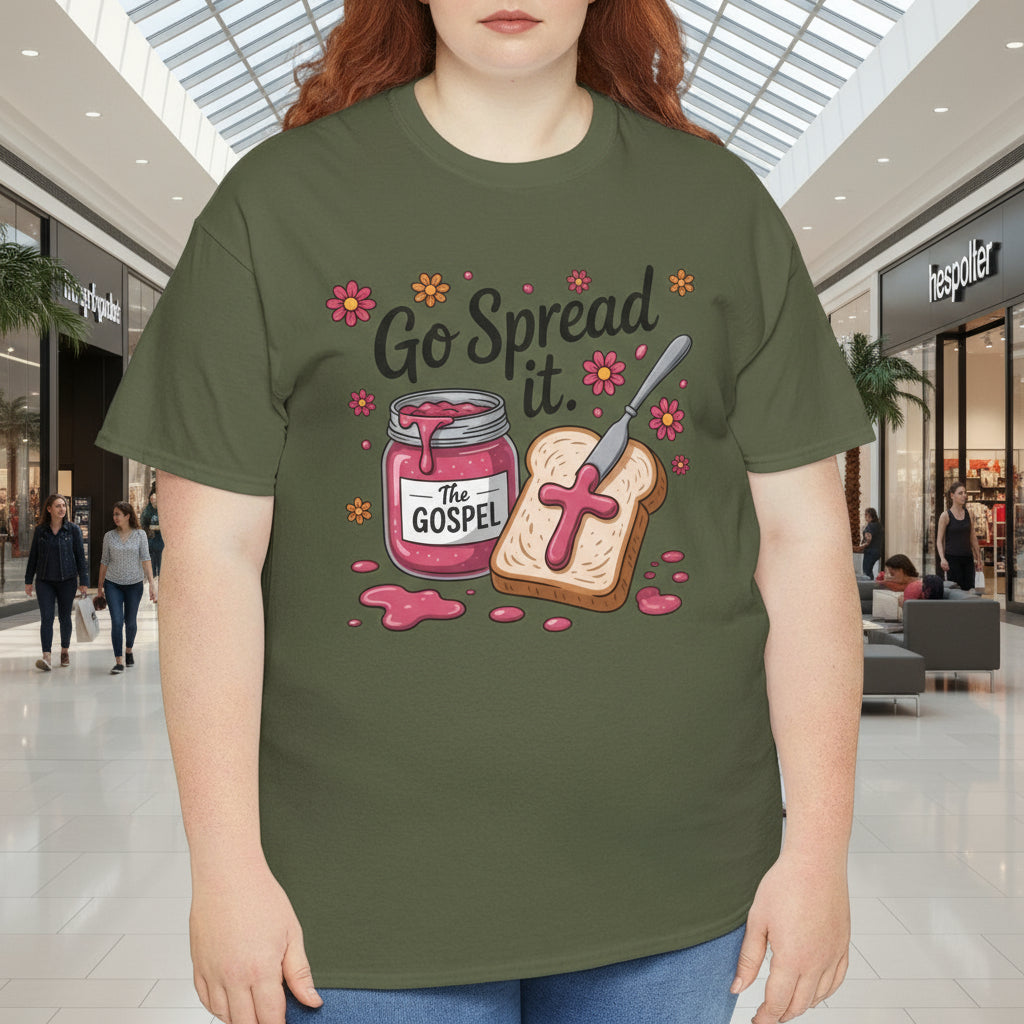 Person wearing a green t-shirt with a graphic design in a mall setting