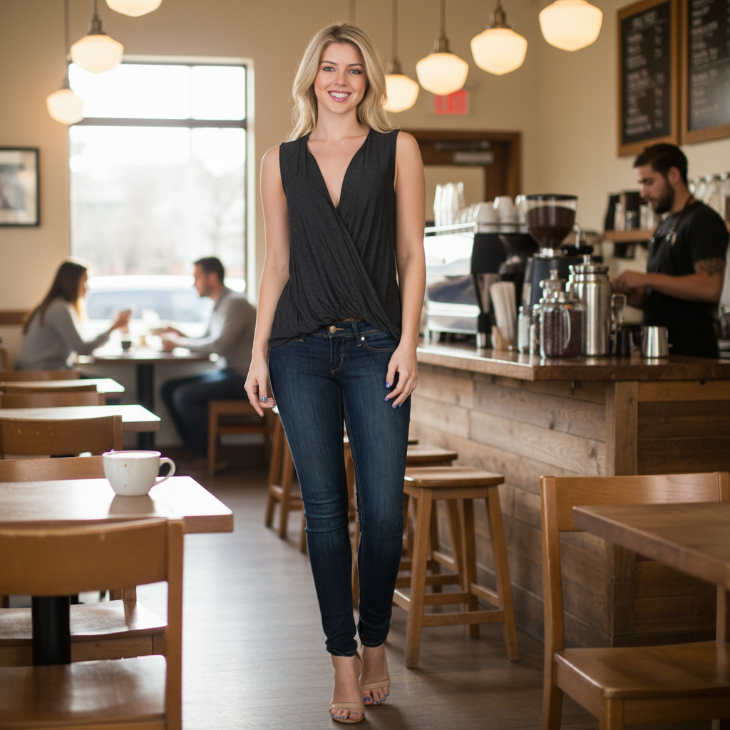 A woman modeling a sleeveless black wrap-style top with dark blue skinny jeans and nude high heels, standing against a plain white background.