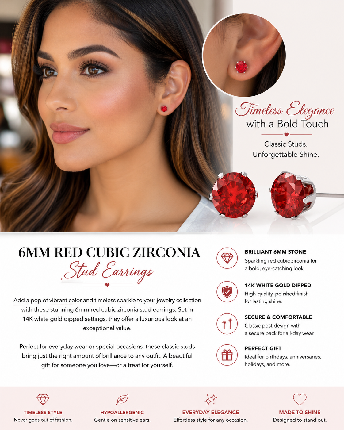 Ruby Radiance 6mm Red Cubic Zirconia Stud Earrings