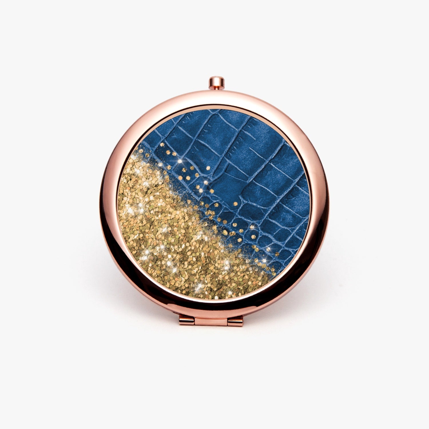 Gold Glitter & Blue Leather |  Compact Mirror - Kim’s Signature Beauty & Accessories    (Store description)