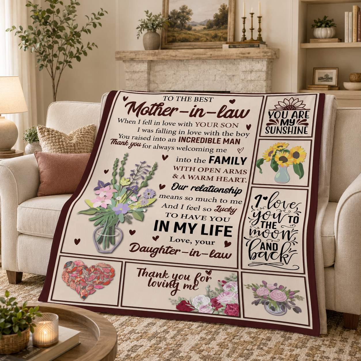 A large printed blanket draped over a cream sofa in a styled living room. The blanket features a cream background with dark red borders and multiple printed panels containing floral illustrations, hearts, and sentimental text addressed to a daughter-in-law.