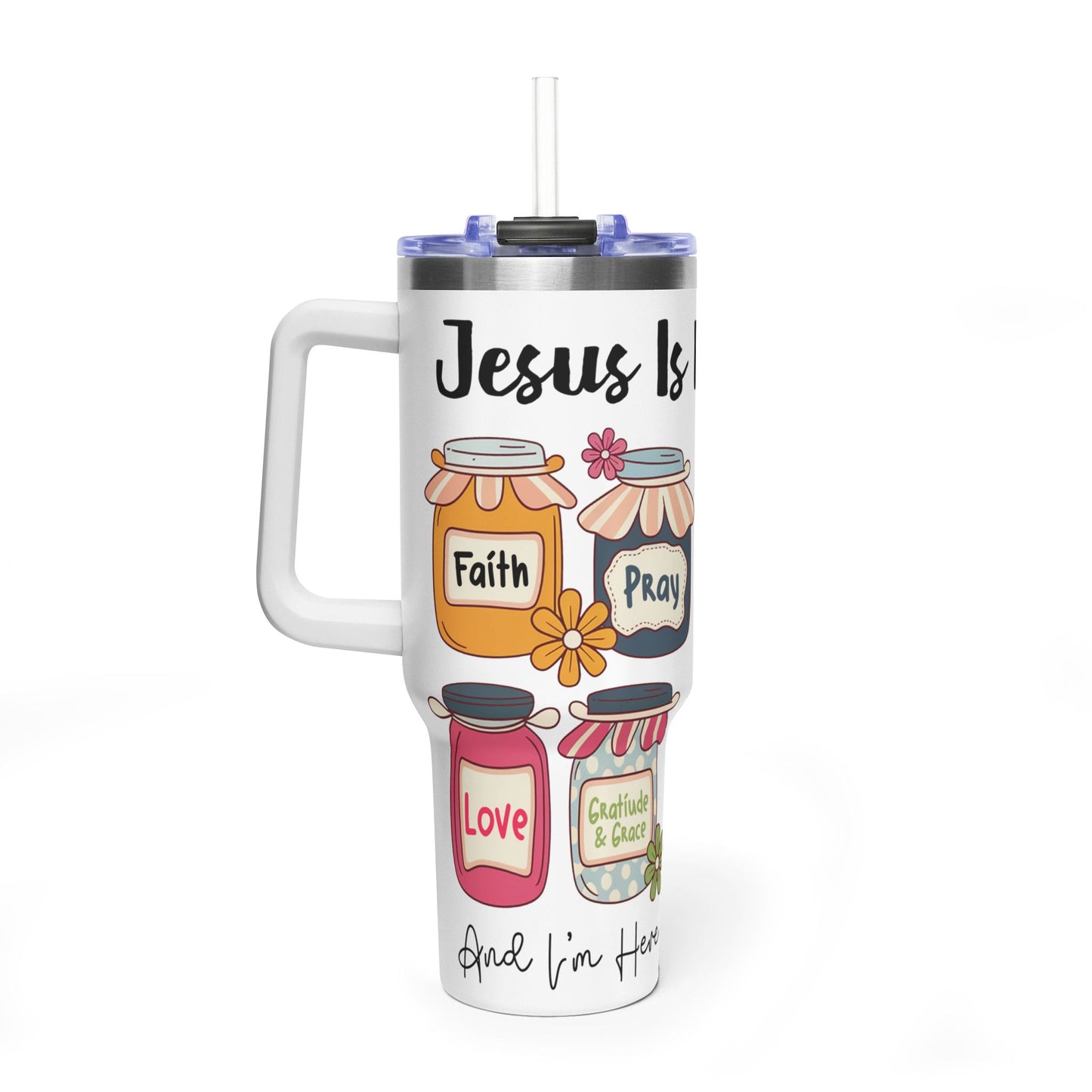40oz Faith Tumbler – "Jesus Is My Jam" Inspirational Vacuum Mug with Mason Jar Designs - Kim’s Signature Beauty & Accessories