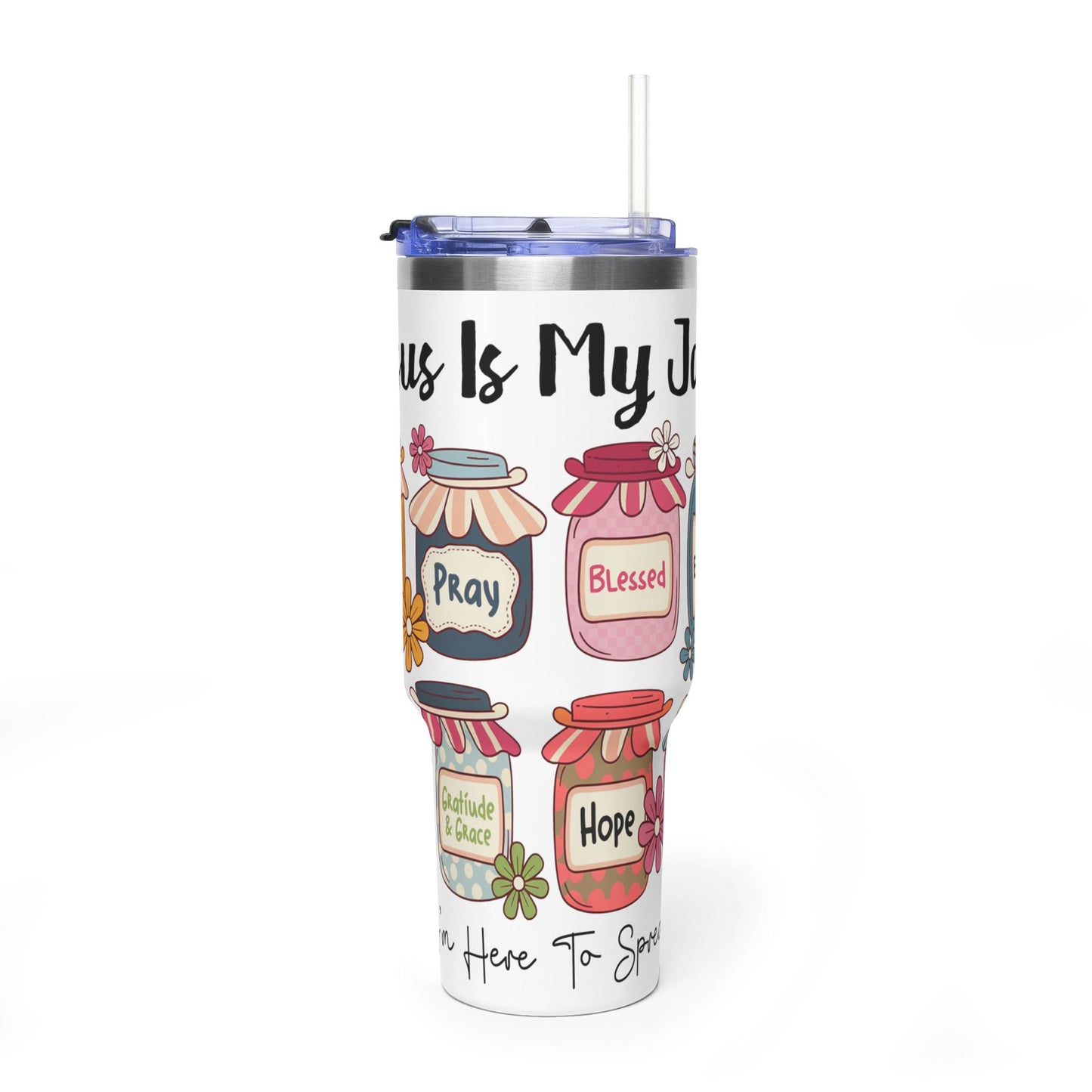40oz Faith Tumbler – "Jesus Is My Jam" Inspirational Vacuum Mug with Mason Jar Designs - Kim’s Signature Beauty & Accessories