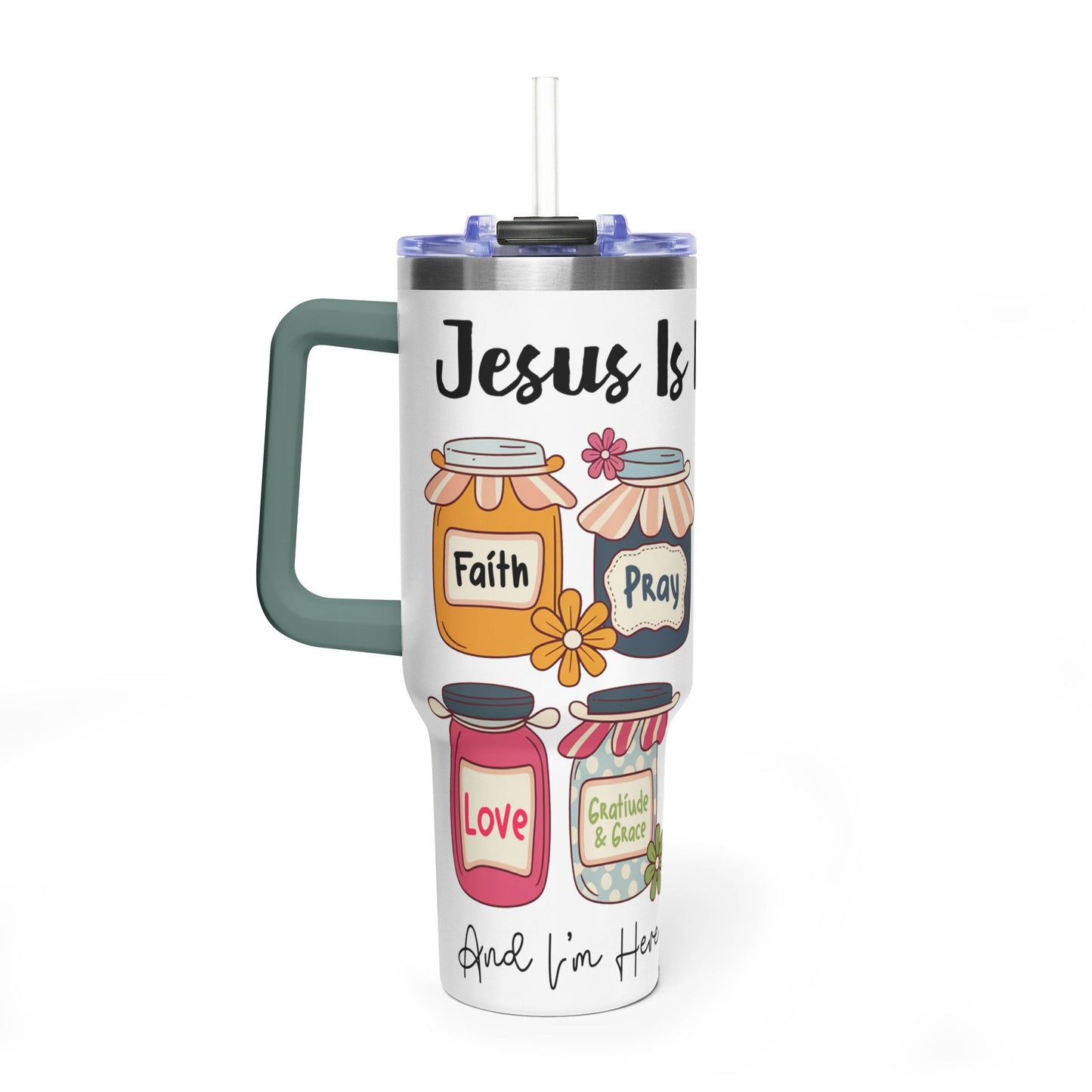 40oz Faith Tumbler – "Jesus Is My Jam" Inspirational Vacuum Mug with Mason Jar Designs - Kim’s Signature Beauty & Accessories