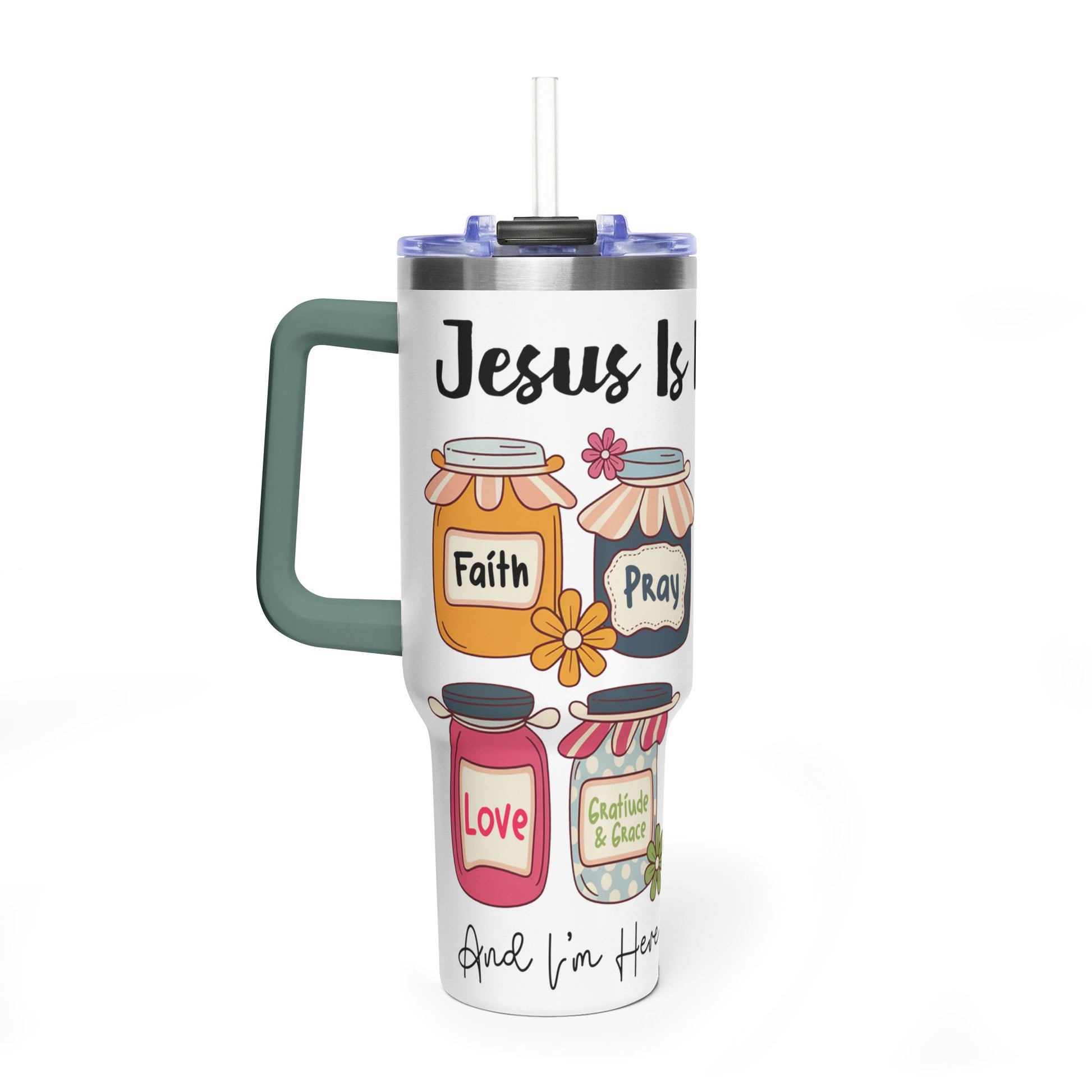 40oz Faith Tumbler – "Jesus Is My Jam" Inspirational Vacuum Mug with Mason Jar Designs - Kim’s Signature Beauty & Accessories