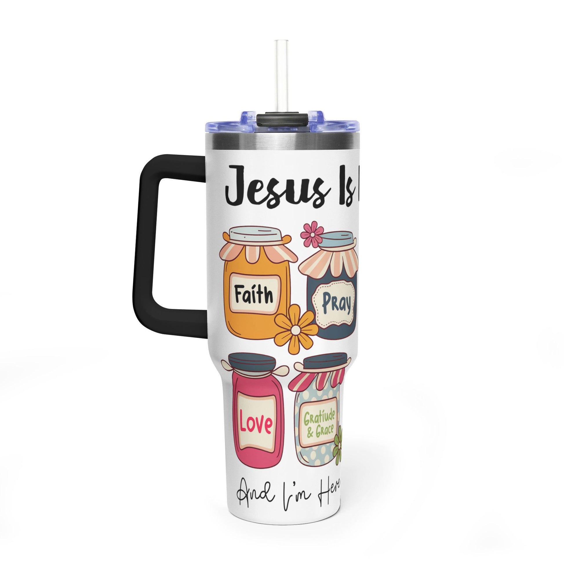 40oz Faith Tumbler – "Jesus Is My Jam" Inspirational Vacuum Mug with Mason Jar Designs - Kim’s Signature Beauty & Accessories