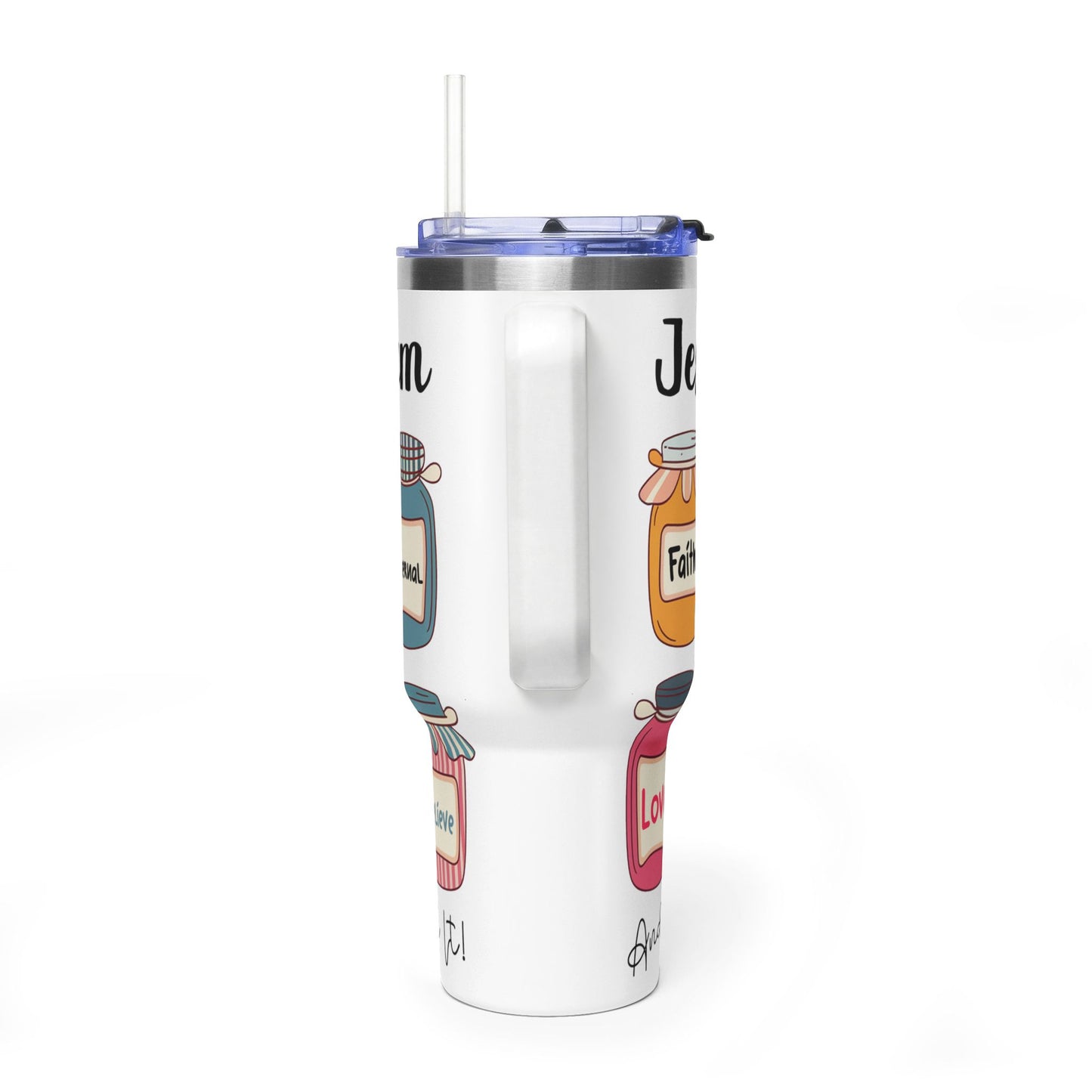 40oz Faith Tumbler – "Jesus Is My Jam" Inspirational Vacuum Mug with Mason Jar Designs - Kim’s Signature Beauty & Accessories